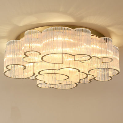 Traditional Chinese Cloud Round Carbon Steel Glass 7/11/15 Light Semi-Flush Mount Ceiling Light For Living Room