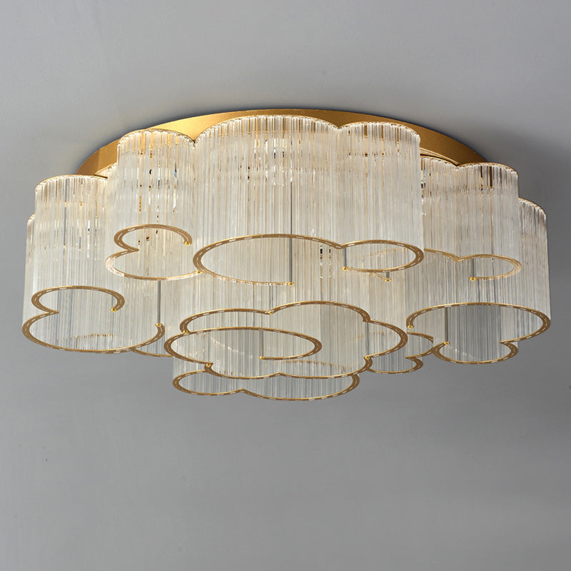 Traditional Chinese Cloud Round Carbon Steel Glass 7/11/15 Light Semi-Flush Mount Ceiling Light For Living Room