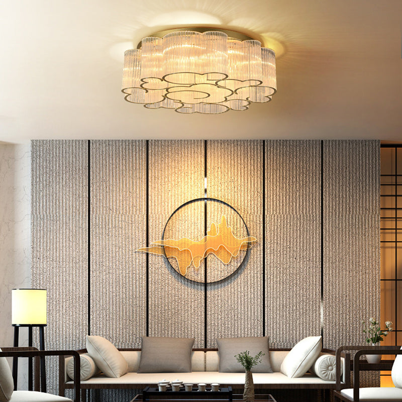 Traditional Chinese Cloud Round Carbon Steel Glass 7/11/15 Light Semi-Flush Mount Ceiling Light For Living Room