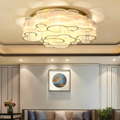 Traditional Chinese Cloud Round Carbon Steel Glass 7/11/15 Light Semi-Flush Mount Ceiling Light For Living Room