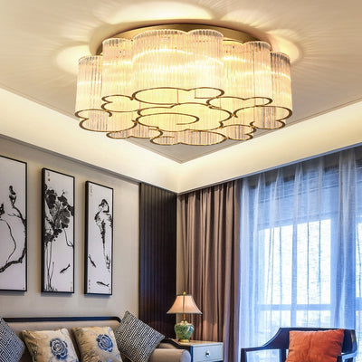 Traditional Chinese Cloud Round Carbon Steel Glass 7/11/15 Light Semi-Flush Mount Ceiling Light For Living Room