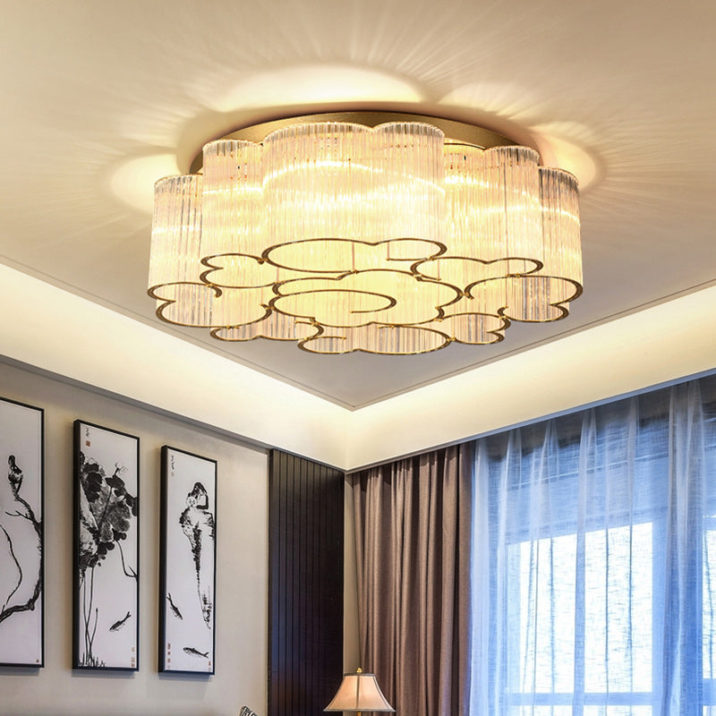 Traditional Chinese Cloud Round Carbon Steel Glass 7/11/15 Light Semi-Flush Mount Ceiling Light For Living Room