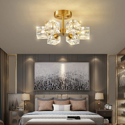 Modern Luxury Rectangle Iron Crystal 3/4/5/6 Light Semi-Flush Mount Ceiling Light For Bedroom