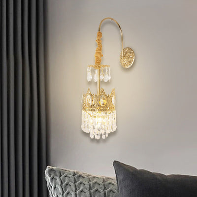 Traditional French Crown Brass Crystal 1-Light Wall Sconce Lamp For Living Room