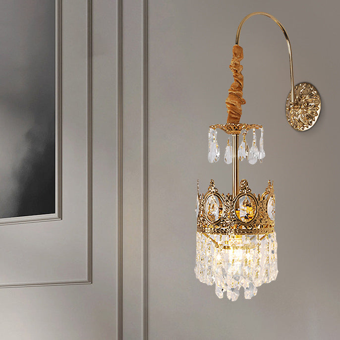 Traditional French Crown Brass Crystal 1-Light Wall Sconce Lamp For Living Room