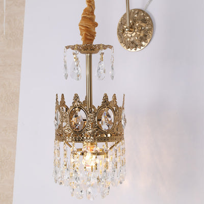 Traditional French Crown Brass Crystal 1-Light Wall Sconce Lamp For Living Room