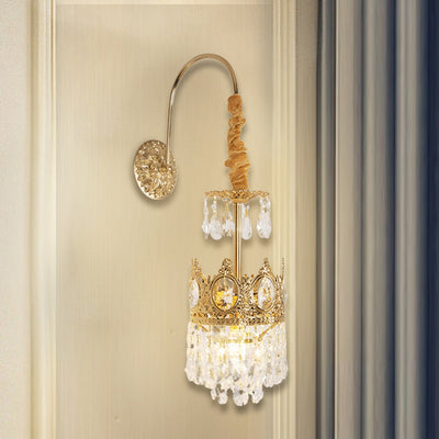 Traditional French Crown Brass Crystal 1-Light Wall Sconce Lamp For Living Room