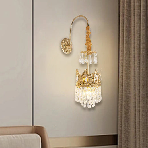 Traditional French Crown Brass Crystal 1-Light Wall Sconce Lamp For Living Room