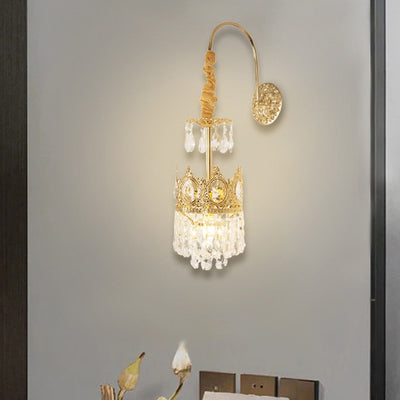 Traditional French Crown Brass Crystal 1-Light Wall Sconce Lamp For Living Room