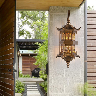 Traditional Chinese Tower Rectangular Metal 1-Light Wall Sconce Lamp For Outdoor Patio