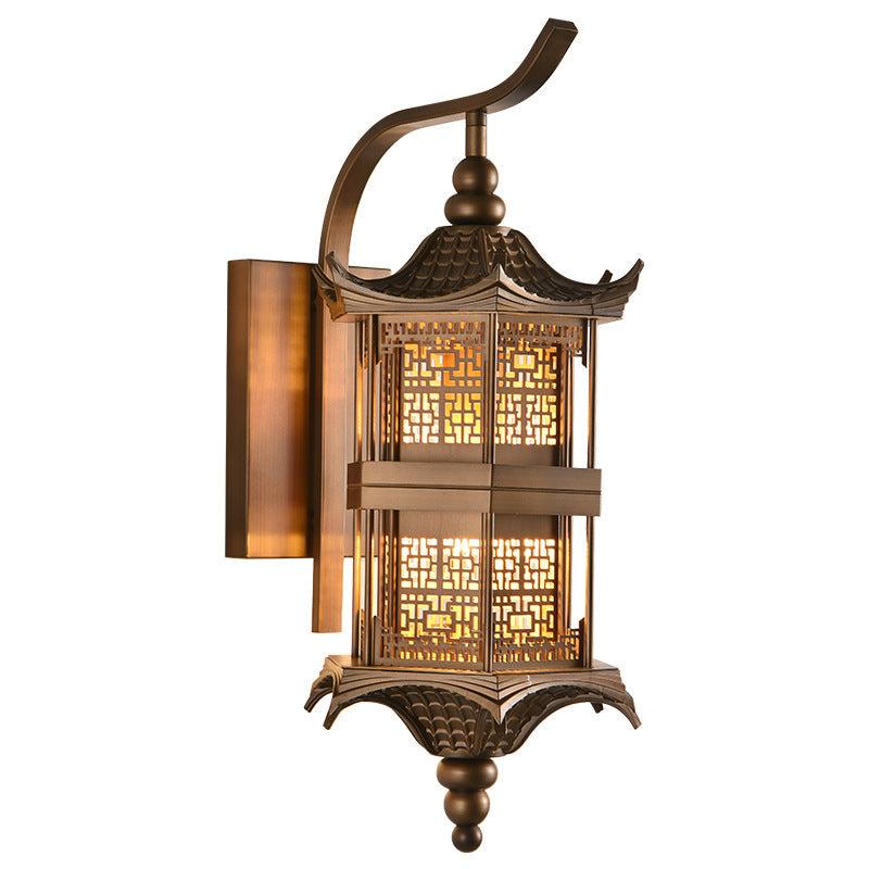 Traditional Chinese Tower Rectangular Metal 1-Light Wall Sconce Lamp For Outdoor Patio