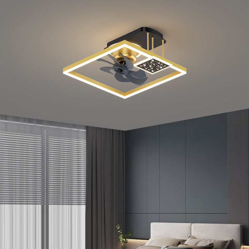 Contemporary Nordic Square Iron Aluminum Acrylic LED Semi-Flush Mount Ceiling Fan Light For Bedroom