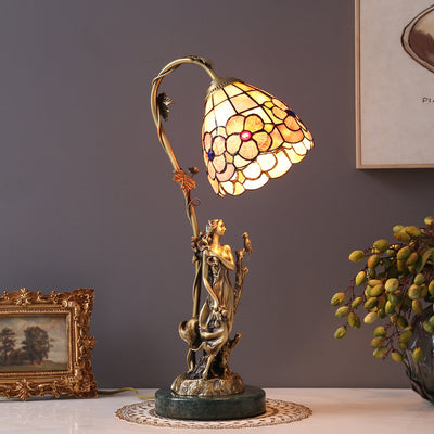 Traditional Tiffany Goddess Dome Copper Glass 1-Light Table Lamp For Bedroom