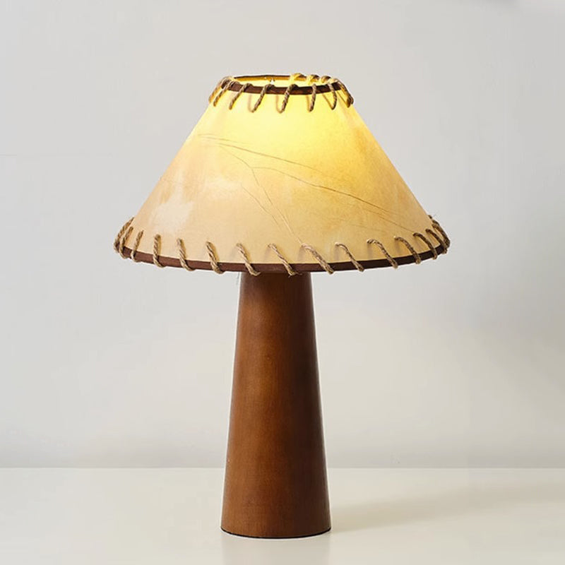 Traditional Japanese Frustum Cone Rubberwood Handmade Paper 1-Light Table Lamp For Bedroom