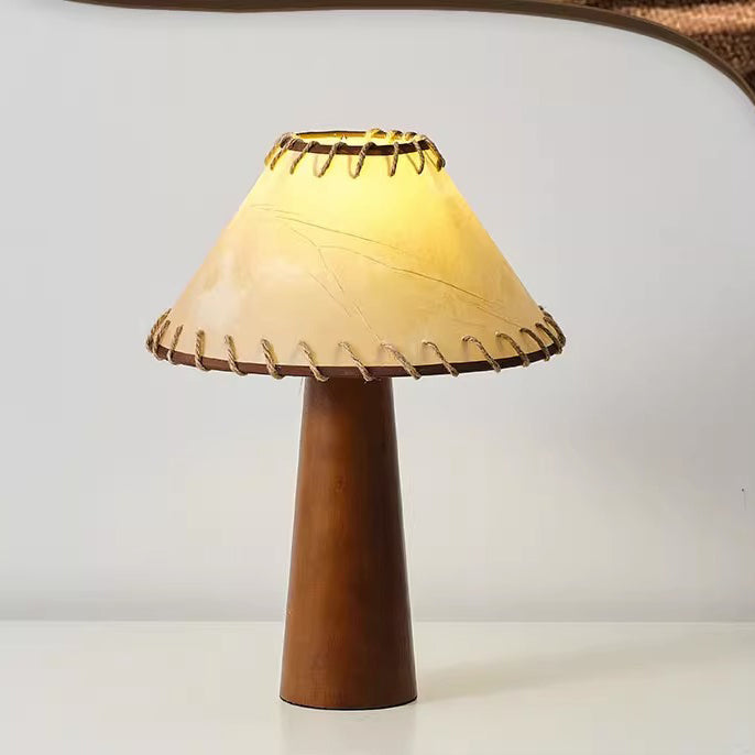 Traditional Japanese Frustum Cone Rubberwood Handmade Paper 1-Light Table Lamp For Bedroom