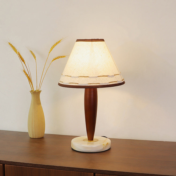 Traditional Japanese Frustum Cone Fabric Marble Solid Wood 1-Light Table Lamp For Bedroom