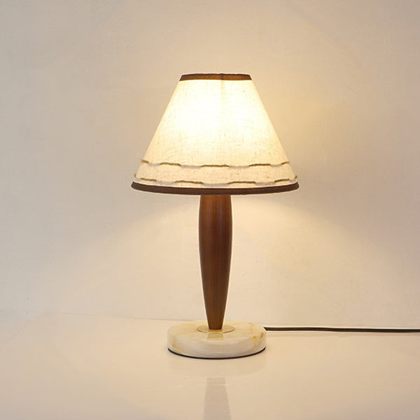 Traditional Japanese Frustum Cone Fabric Marble Solid Wood 1-Light Table Lamp For Bedroom