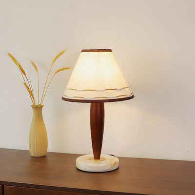 Traditional Japanese Frustum Cone Fabric Marble Solid Wood 1-Light Table Lamp For Bedroom