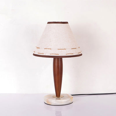 Traditional Japanese Frustum Cone Fabric Marble Solid Wood 1-Light Table Lamp For Bedroom