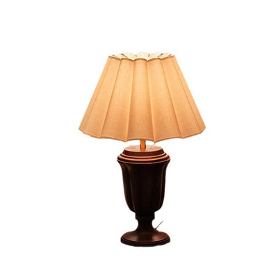 Traditional French Frustum Cone Ash Wood Metal Cotton Linen 1-Light Table Lamp For Bedroom