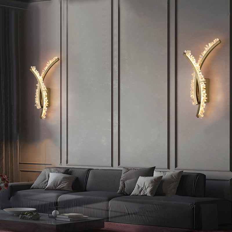 Contemporary Creative Curve Stainless Steel Natural Crystal 1/2 Light Wall Sconce Lamp For Bedroom