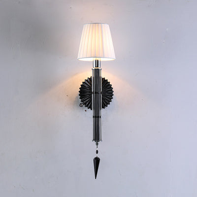 Traditional European Frustum Cone Iron Glass Fabric 1-Light Wall Sconce Lamp For Bedroom