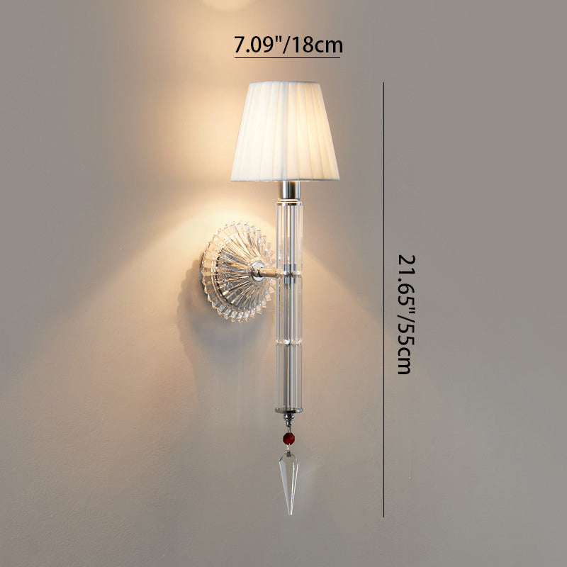 Traditional European Frustum Cone Iron Glass Fabric 1-Light Wall Sconce Lamp For Bedroom