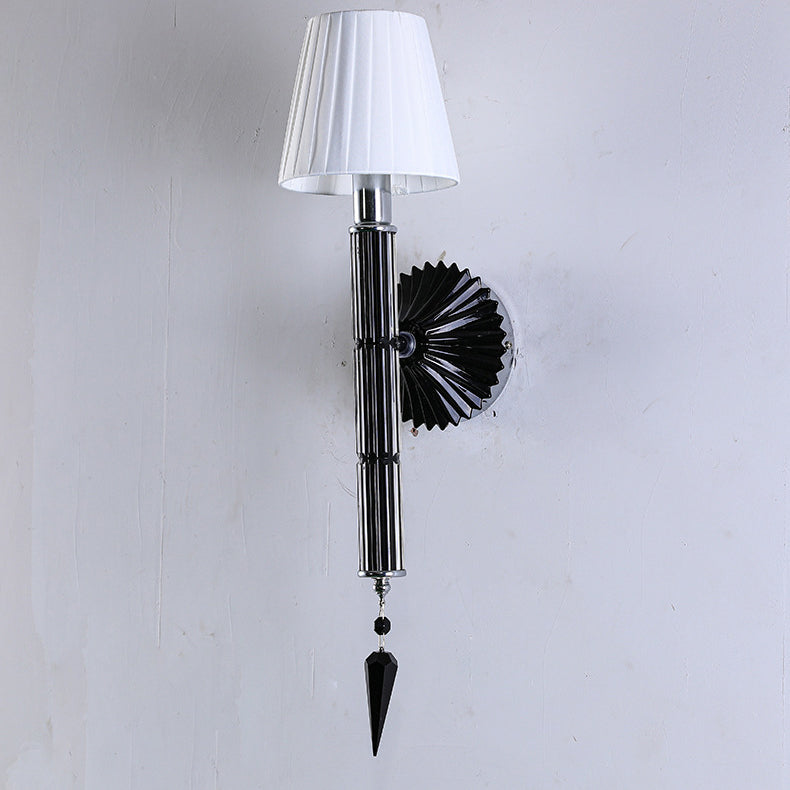 Traditional European Frustum Cone Iron Glass Fabric 1-Light Wall Sconce Lamp For Bedroom