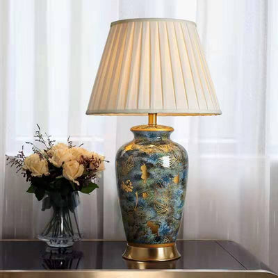 Traditional Chinese Frustum Cone Ceramic Fabric 1-Light Table Lamp For Bedroom