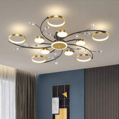 Contemporary Nordic Blossom Round Metal Acrylic Silicone Crystal LED Semi-Flush Mount Ceiling Light For Living Room