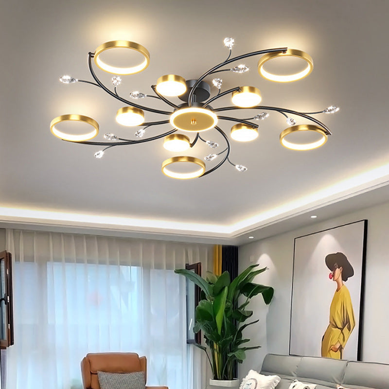 Contemporary Nordic Blossom Round Metal Acrylic Silicone Crystal LED Semi-Flush Mount Ceiling Light For Living Room