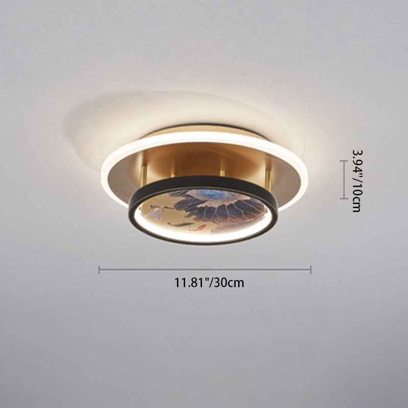 Traditional Chinese Round Brass Metal Acrylic LED Semi-Flush Mount Ceiling Light For Bedroom