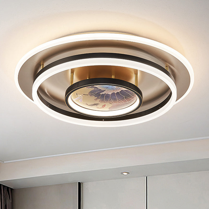 Traditional Chinese Round Brass Metal Acrylic LED Semi-Flush Mount Ceiling Light For Bedroom