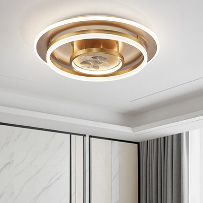 Traditional Chinese Round Brass Metal Acrylic LED Semi-Flush Mount Ceiling Light For Bedroom