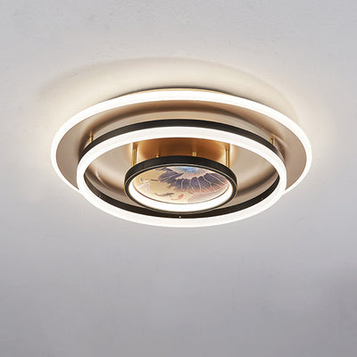 Traditional Chinese Round Brass Metal Acrylic LED Semi-Flush Mount Ceiling Light For Bedroom