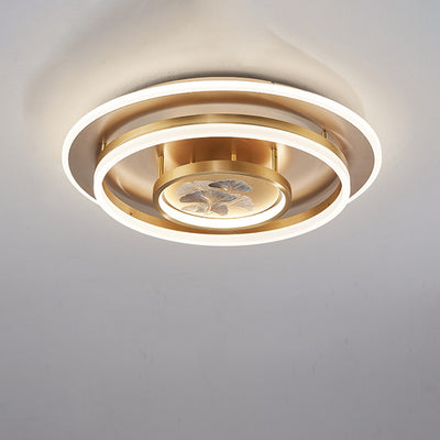 Traditional Chinese Round Brass Metal Acrylic LED Semi-Flush Mount Ceiling Light For Bedroom