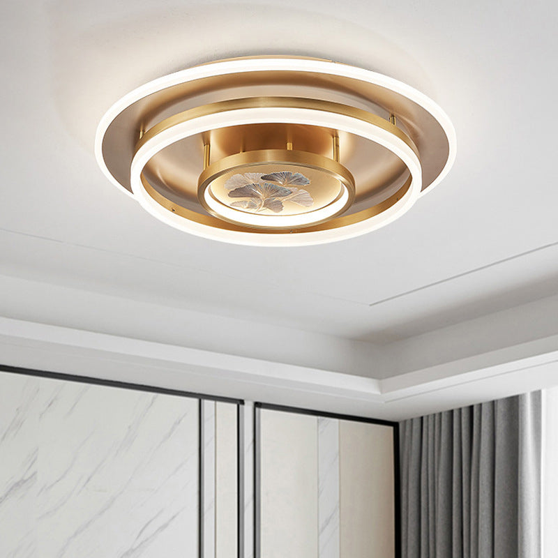 Traditional Chinese Round Brass Metal Acrylic LED Semi-Flush Mount Ceiling Light For Bedroom