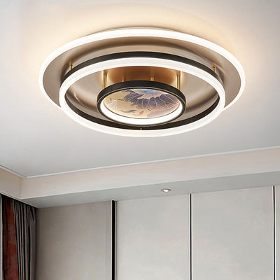 Traditional Chinese Round Brass Metal Acrylic LED Semi-Flush Mount Ceiling Light For Bedroom