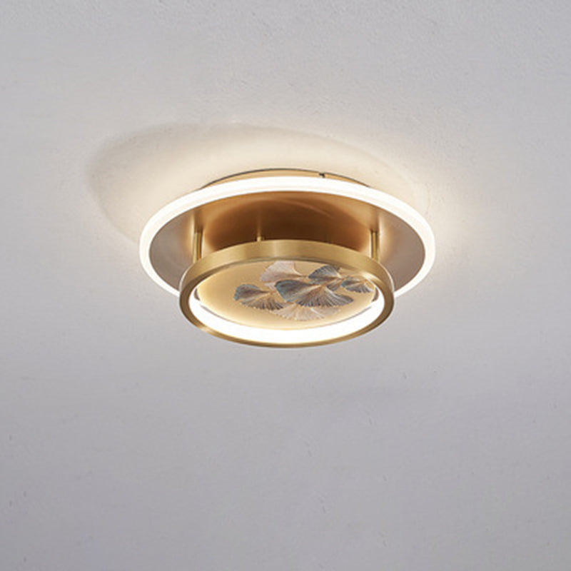 Traditional Chinese Round Brass Metal Acrylic LED Semi-Flush Mount Ceiling Light For Bedroom