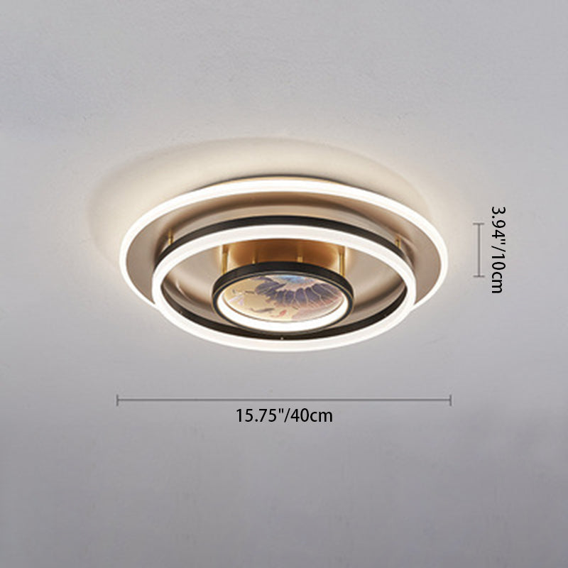 Traditional Chinese Round Brass Metal Acrylic LED Semi-Flush Mount Ceiling Light For Bedroom