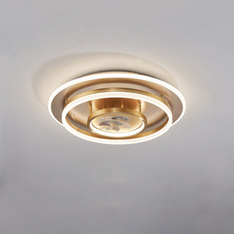 Traditional Chinese Round Brass Metal Acrylic LED Semi-Flush Mount Ceiling Light For Bedroom