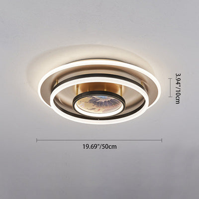 Traditional Chinese Round Brass Metal Acrylic LED Semi-Flush Mount Ceiling Light For Bedroom