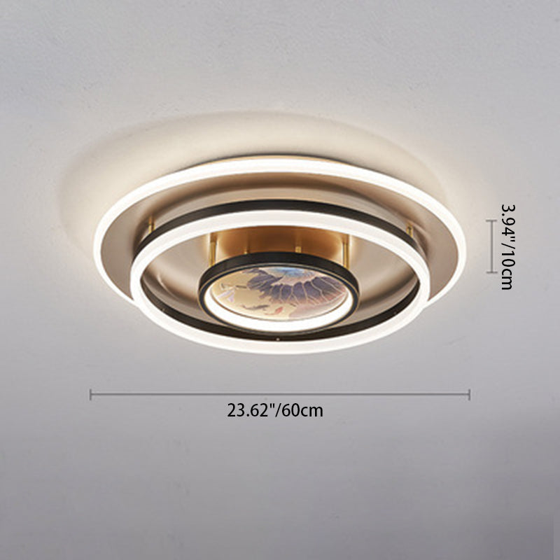 Traditional Chinese Round Brass Metal Acrylic LED Semi-Flush Mount Ceiling Light For Bedroom