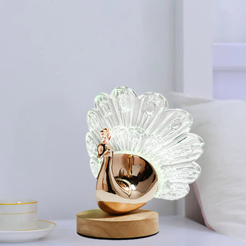 Contemporary Nordic Peacock Metal Acrylic Wood LED Table Lamp For Bedroom