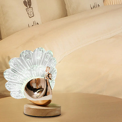 Contemporary Nordic Peacock Metal Acrylic Wood LED Table Lamp For Bedroom