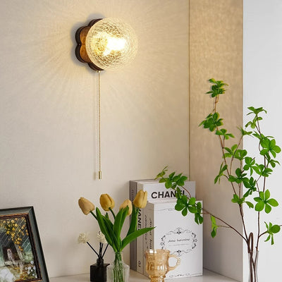 Traditional French Sphere Ash Wood Glass 1-Light Wall Sconce Lamp For Bedroom