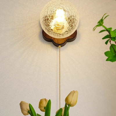 Traditional French Sphere Ash Wood Glass 1-Light Wall Sconce Lamp For Bedroom