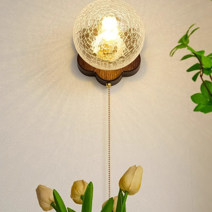 Traditional French Sphere Ash Wood Glass 1-Light Wall Sconce Lamp For Bedroom