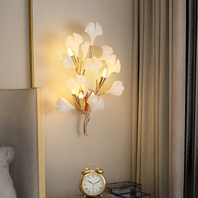 Modern Art Deco Ginkgo Biloba Iron Ceramic 2/3 Light Wall Sconce Lamp For Bedroom