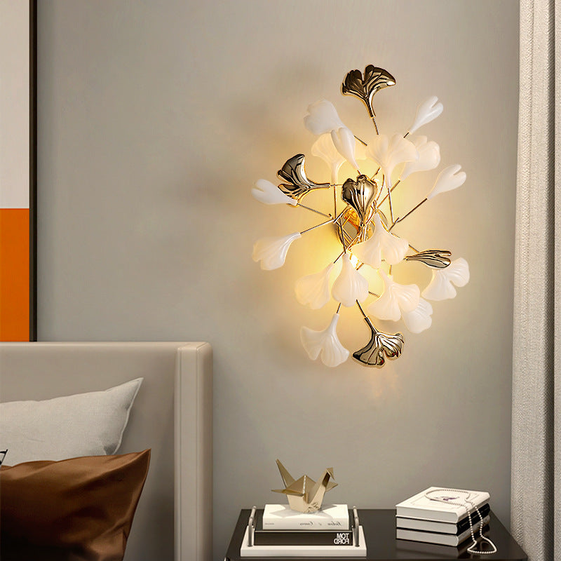 Modern Art Deco Ginkgo Biloba Iron Ceramic 2/3 Light Wall Sconce Lamp For Bedroom